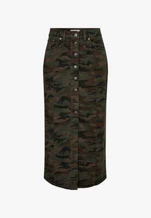 Camouflage skirt in dark green and brown denim, featuring a button front, two side pockets, and a straight silhouette with a mid-length cut.