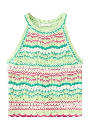 Haut court sans manches en tricot avec une base vert pastel, décoré de motifs ondulés roses, blancs et turquoise et un ourlet festonné.