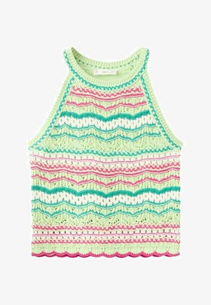 Haut court sans manches en tricot avec une base vert pastel, décoré de motifs ondulés roses, blancs et turquoise et un ourlet festonné.