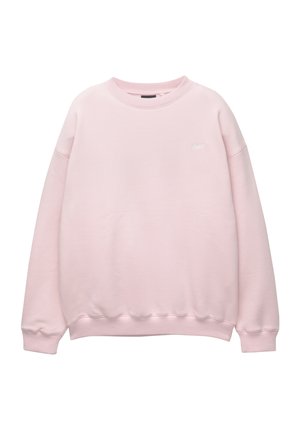Sweatshirt roz deschis, realizat dintr-un material moale, având guler rotund, mâneci lungi, manșete ribbate și un mic logo pe față.