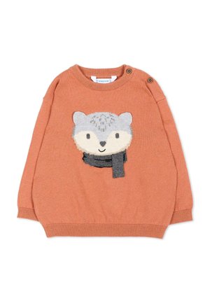 Maglione arancione a maniche lunghe per bambini con un viso di animale sorridente che indossa una sciarpa grigia lavorata a maglia sul davanti e due bottoni sulla spalla.