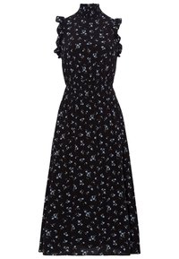 Robe noire midi avec des bretelles froncées. Présente un motif floral en bleu clair et une taille smockée pour un ajustement réglable.