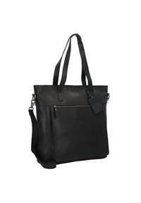 Zwarte leren schoudertas met dubbele handvatten, verstelbare schouderriem, voorvak met rits en een rechthoekige vorm. Gladde textuur.