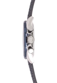 Hronogrāfa pulksteņi ar sudraba nerūsējošā tērauda korpusu, zilu rotējošu rāmīti, melnu ādas siksniņu un trim spiedpogām sānos.