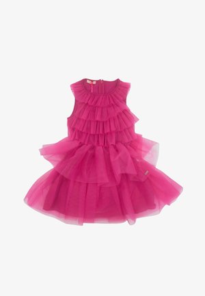 Robe rose vif sans manches pour fille avec plusieurs volants en tulle superposés et fermeture éclair au dos.