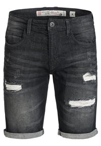 Zwarte denim shorts met verwerkte delen, omgeslagen randen, vijf zakken en een knoopsluiting. De stof vertoont lichte textuur en vervagingen.