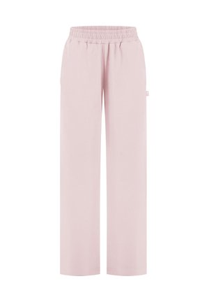 Pantaloni rosa chiaro con vita elasticizzata e gamba dritta, con piccolo cartellino laterale, progettati per un uso casual o da casa.