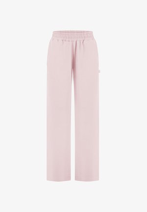 Pantaloni rosa chiaro con vita elasticizzata e gamba dritta, con piccolo cartellino laterale, progettati per un uso casual o da casa.