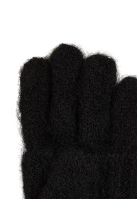 Black knitted gloves with a fuzzy texture, featuring five separate finger sections and a rounded top edge. Material is soft and warm.