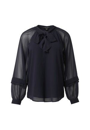 Marineblaue Bluse mit fließendem Design, durchsichtigen Ärmeln und einer Schleifenbindung am Ausschnitt. Mit Umschlagärmeln und weicher Textur.