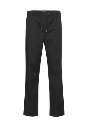 Black pants made of woven fabric, featuring an elastic waistband with drawstrings, straight-leg design, and no visible patterns or accents.