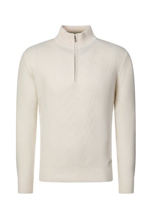 Pull en maille couleur crème avec manches longues, une courte fermeture éclair devant et un motif zigzag texturé sur toute la surface.