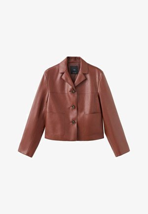 Brown leather cropped jacket with a collar, three buttons, two front pockets, and long sleeves. The material has a smooth, shiny finish.