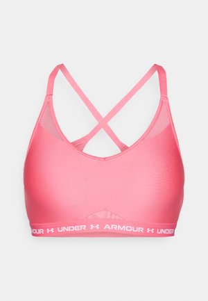 Roze sportbeha met een gladde stof, geometrisch ontwerp en gekruiste banden. Kenmerkt zich door een effen kleur en een elastische band met het merkenlogo.