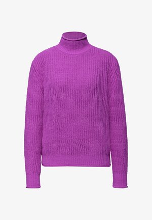 Lila Rollkragenpullover mit verarbeitetem Strickmuster und gerippten Bündchen. Das Design bietet eine lockere Passform und einen leichten Stretch.