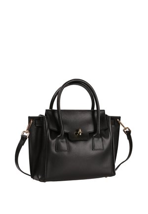 Black leather handbag with two handles, a flap with a gold twist-lock closure, and an adjustable shoulder strap with gold hardware.