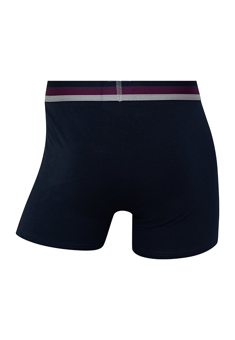Boxer shorts de algodón en color navy con una textura suave, que presentan una cinturilla a rayas en gris y burdeos.