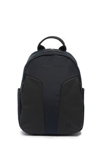 Zaino nero e blu con superficie strutturata, doppia cerniera e maniglia superiore. Include spallacci ergonomici e tasche laterali.
