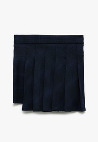 Minifalda a cuadros en azul marino con plisados; confeccionada en tejido texturizado que presenta un patrón de cuadros con sutiles acentos en verde.