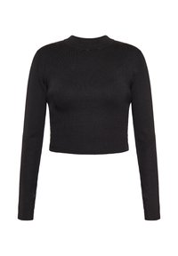 Zwarte cropped langemouwen top gemaakt van ribgebreide stof, met een hoge halslijn en een aansluitende silhouet. Geen patronen of accenten.
