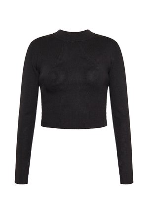 Zwarte cropped langemouwen top gemaakt van ribgebreide stof, met een hoge halslijn en een aansluitende silhouet. Geen patronen of accenten.