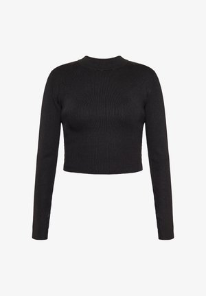 Schwarzes, kurzes Langarmoberteil aus geripptem Strickstoff mit hohem Kragen und figurbetonter Silhouette. Keine Muster oder Akzente.