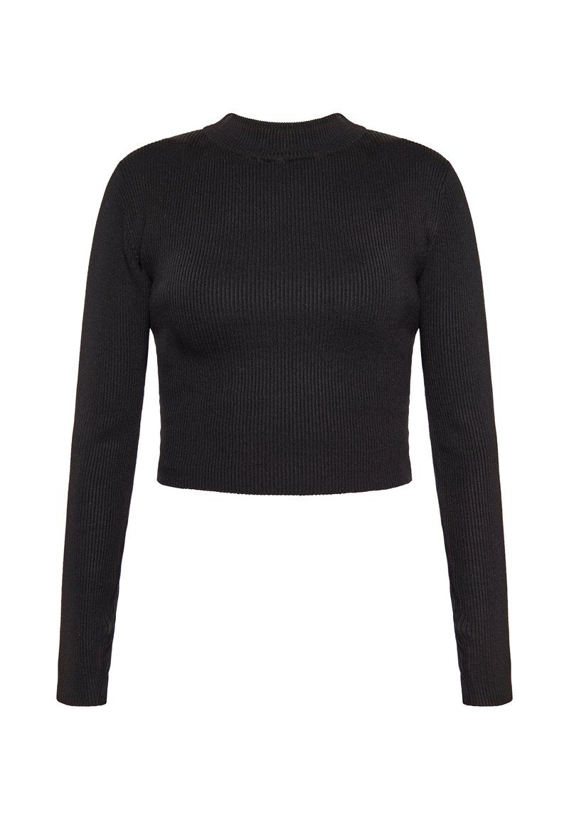 Zwarte cropped langemouwen top gemaakt van ribgebreide stof, met een hoge halslijn en een aansluitende silhouet. Geen patronen of accenten.