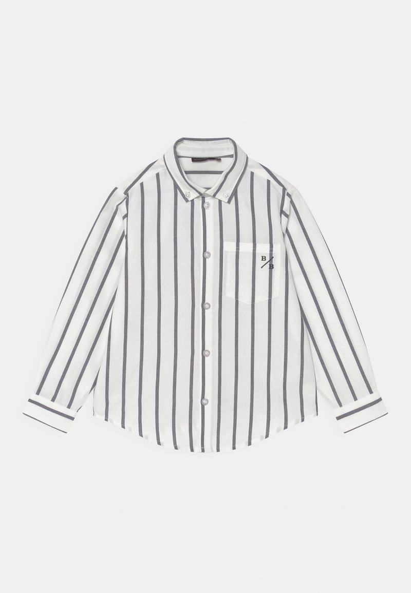 Chemise blanche à manches longues avec des rayures verticales grises et une poche avant ornée d'un petit logo "B/B".