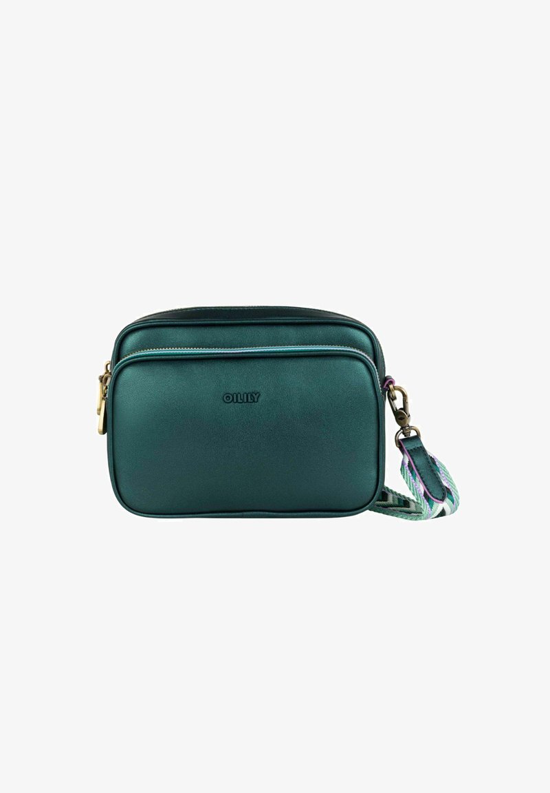 Sac bandoulière en cuir teal de forme rectangulaire, fermeture à double zip et bandoulière à motifs. Logo embossé à l'avant.