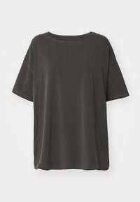 Temno siva bombažna majica z velikimi kratkimi rokavi in okroglim izrezom, prikazana na enobarvnem belem ozadju.