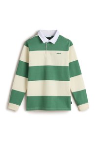 Groen en beige gestreepte póloshirt met lange mouwen, een witte kraag en geborduurd logo aan de linkerkant. Zacht katoenmateriaal.