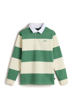 Camisa polo de manga larga a rayas en verde y beige con un cuello blanco y logo bordado en el lado izquierdo. Material de algodón suave.