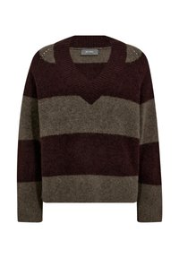 Sveter s výstrihom do V a vertikálnymi pruhmi v tmavej burgundskej a olivovo zelenej farbe; vyrobený z mäkkej, textúrovanej pleteniny; dlhé rukávy, voľný strih.