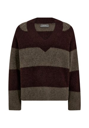V-Ausschnitt Pullover mit vertikalen Streifen in Dunkelburgunder und Olivgrün; aus weichem, strukturiertem Strickmaterial; lange Ärmel, lockere Passform.