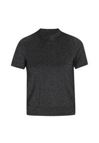 Kortærmet sort sweater lavet af et tekstureret, skinnende stof, med en høj halsudskæring og en tætsiddende silhuet. Ingen synlige mønstre.