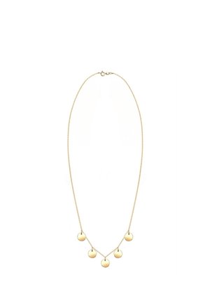Zarte goldene Halskette mit fünf gleichmäßig verteilten kleinen runden goldenen Anhängern vorne.
