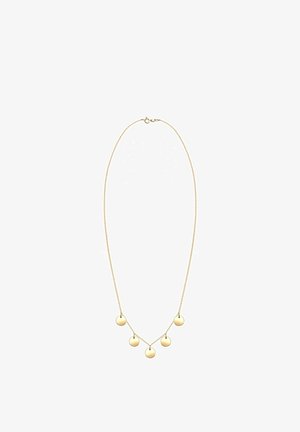 Collier délicat en chaîne d'or avec cinq petits pendentifs ronds en or espacés uniformément suspendus sur le devant.