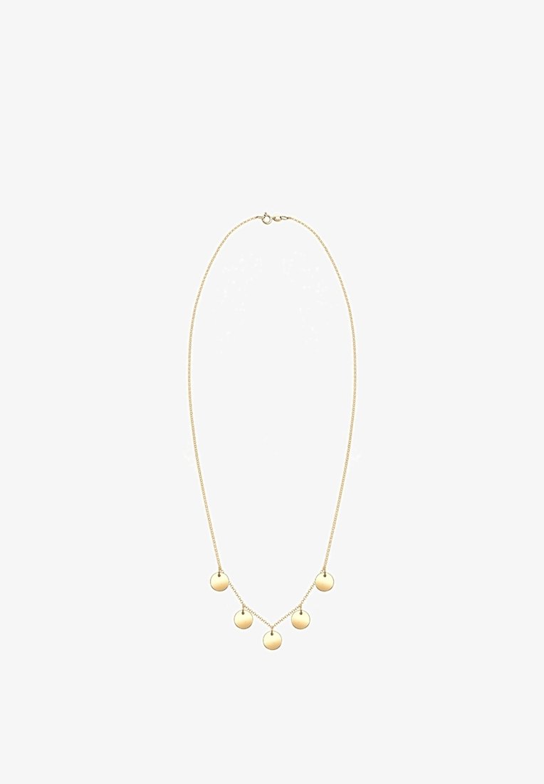 Collier délicat en chaîne d'or avec cinq petits pendentifs ronds en or espacés uniformément suspendus sur le devant.