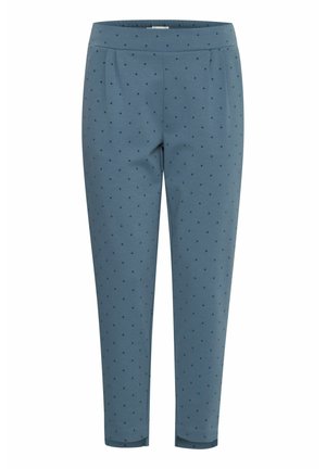 Pantalons bleus en tissu lisse, avec un petit motif de pois foncés, design de jambe fuselée et taille élastique pour plus de confort.