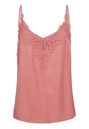 Pink camisole top made of smooth fabric, featuring intricate lace detailing along the neckline and thin adjustable straps.