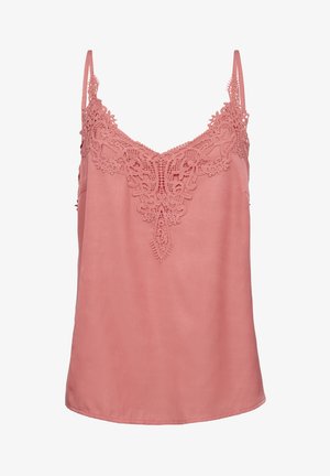 Pink camisole top made of smooth fabric, featuring intricate lace detailing along the neckline and thin adjustable straps.