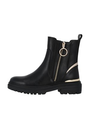 Bottines noires en cuir lisse, avec une fermeture éclair latérale et des accessoires en or, ainsi qu'une touche dorée sur le talon. Semelle texturée pour une adhérence optimale.
