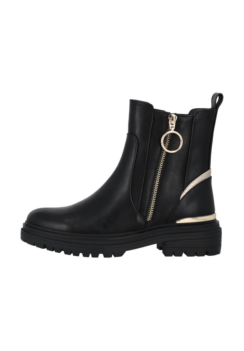 Botas negras hasta el tobillo de cuero suave, con cremallera lateral con herrajes dorados y un acento dorado en el tacón. Suela texturizada para un mejor agarre.