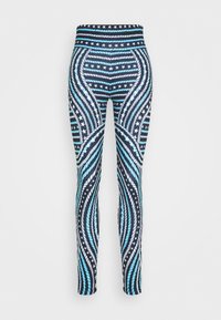 Leggings sportivi multicolori con un design geometrico caratterizzato da strisce blu, nere e bianche e motivi a stella. Texture liscia e vita alta.