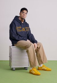 Tume sinine kapuutsiga, millel on kuldsed triibud, beežid püksid ja kollased tossud valgete triipudega, istub hõbedasel kohvris heleda tausta vastu.