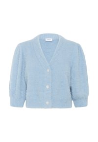 Lichtblauwe fuzzy cardigan met pofmouwen en drie decoratieve parelachtige knopen aan de voorkant.
