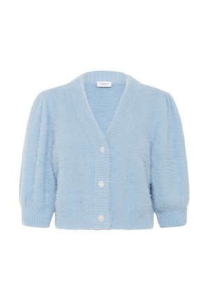 Lichtblauwe fuzzy cardigan met pofmouwen en drie decoratieve parelachtige knopen aan de voorkant.