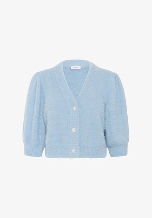 Cardigan fuzzy azzurro chiaro con maniche a sbuffo e tre bottoni decorativi simili a perle davanti.