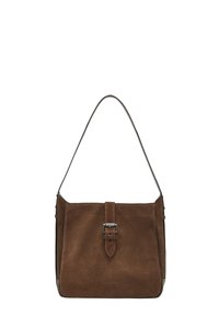Borsa a spalla in suede marrone con una texture liscia, dotata di un manico piatto e di una cinghia centrale con una fibbia metallica. Design minimalista.