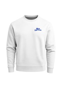 Weißes Sweatshirt aus weichem Stoff mit rundem Ausschnitt. Mit der blauen, geschwungenen Schrift "More Espresso" auf der linken Brust.